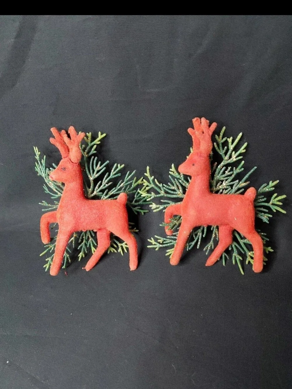 Pair Vintage Flocked Deer W/Plastic Greens